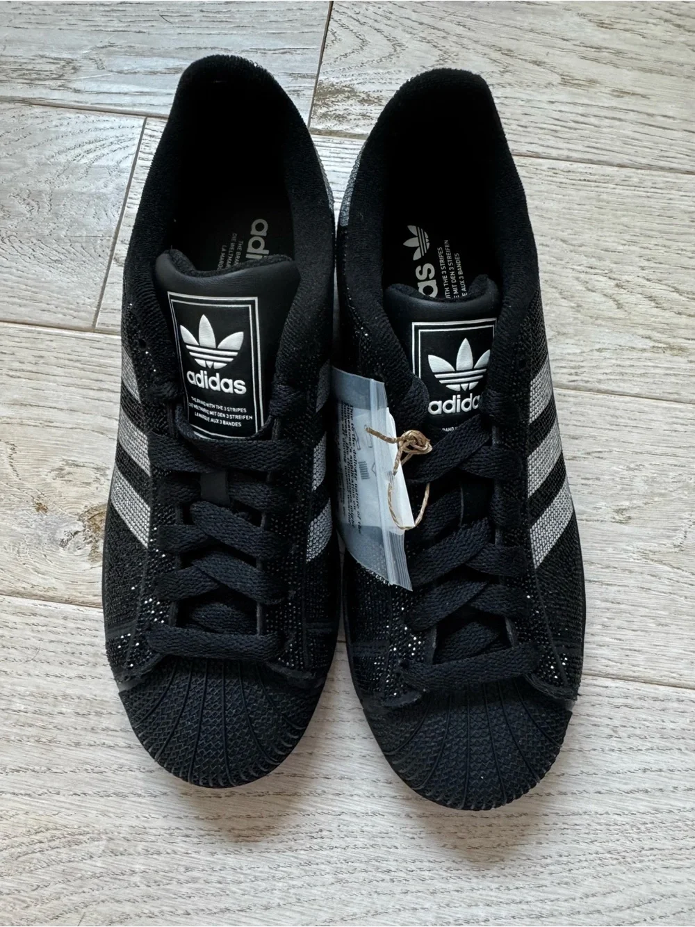 Brand New adidas Black Sneakers with White Crystal Stripe Accents